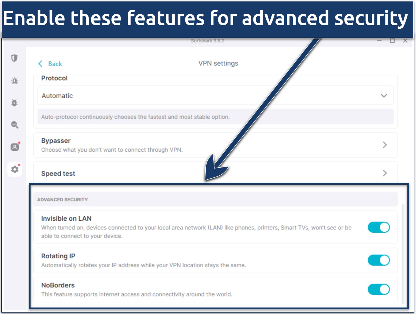 Screenshot of Surfshark's app interface showing its advanced security options