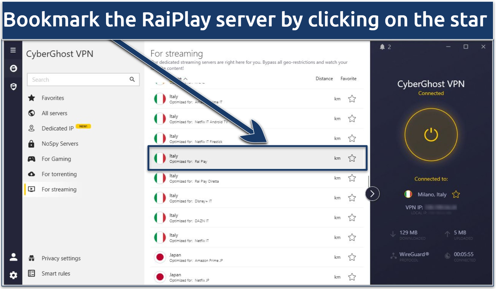 Screenshot of the CyberGhost app showing the RaiPlay-optimized server