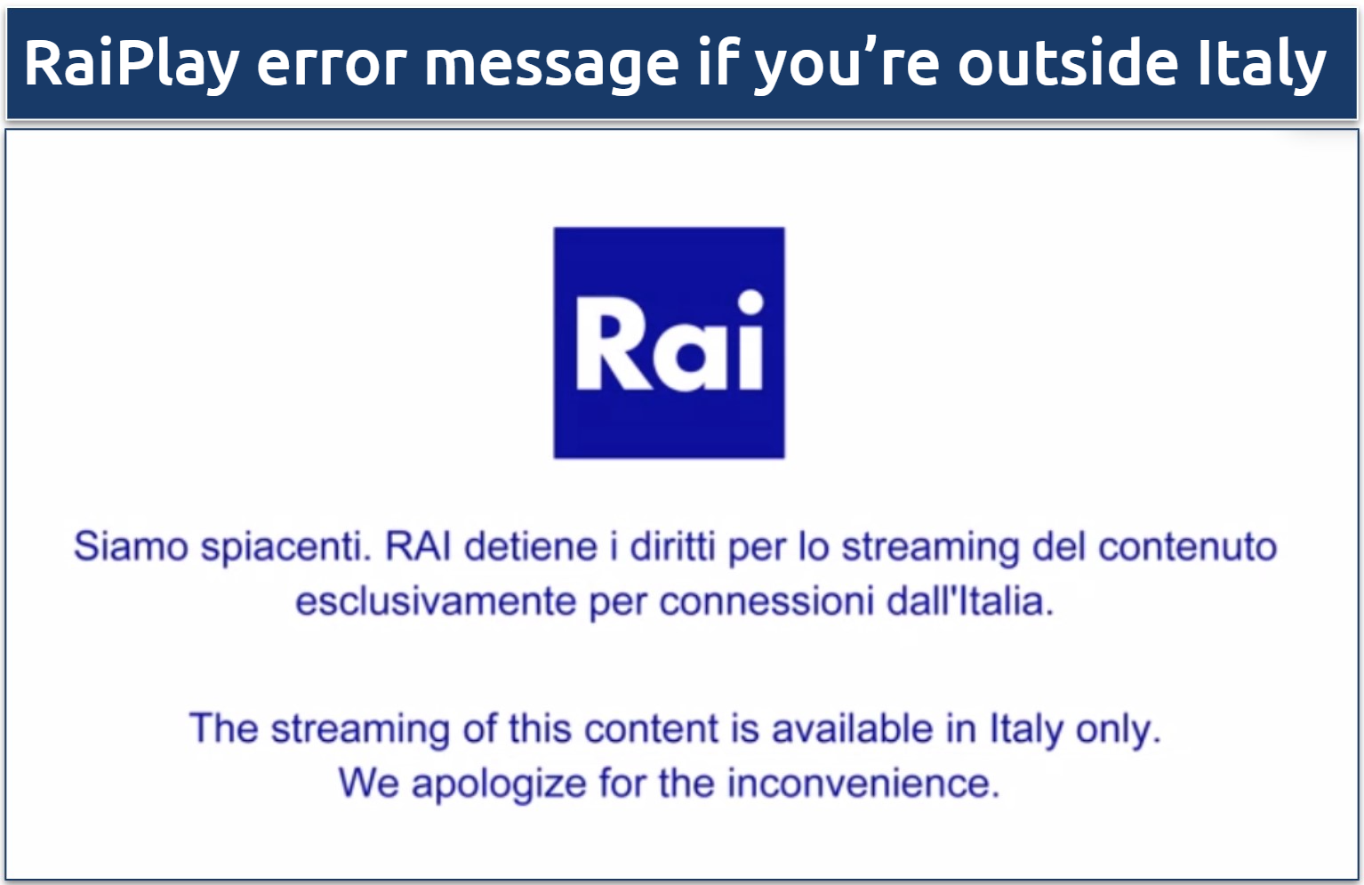 Screenshot showing RaiPlay error message when you try to access the service outside Italy