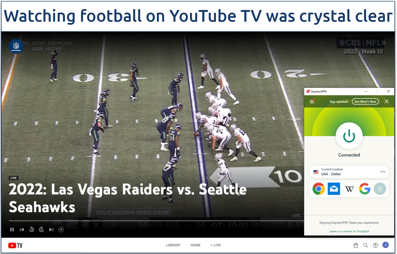 Screenshot showing an NFL match playing on YouTube TV with ExpressVPN connected to the Dallas server