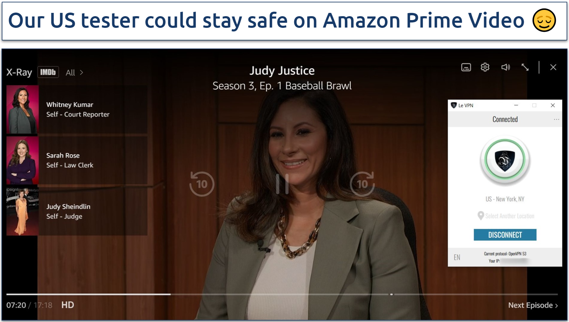 A screenshot of Amazon Prime Video streaming JudyJustice while connected to Le VPN's US server