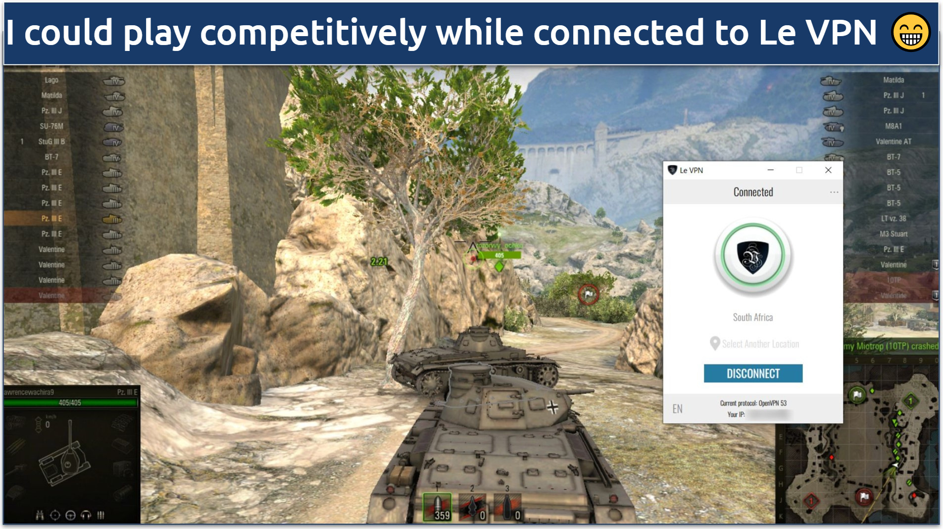 AA screenshot showing playing World of Tanks while connected to Le VPN's South African server