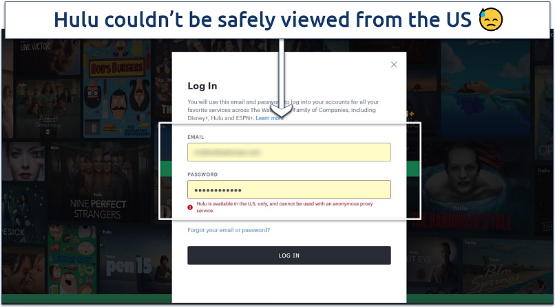 A screenshot of showing Le VPN failed to work with Hulu