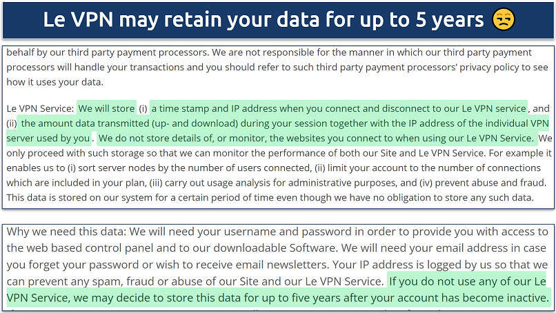 A screenshot showing Le VPN holds on to sensitive information and the duration for which it is kept