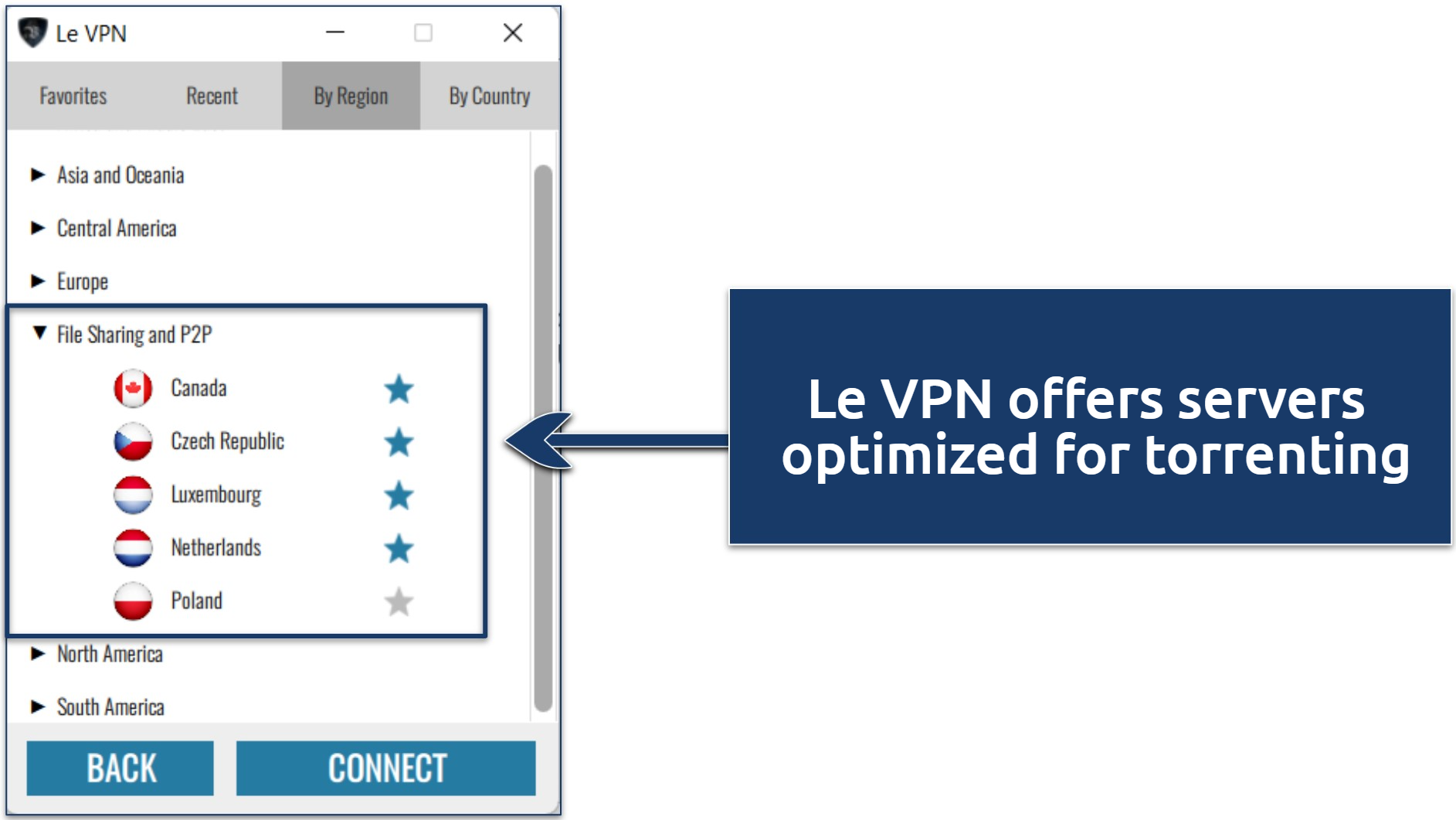 A screenshot showing Le VPN offers specialty serves for torrenting