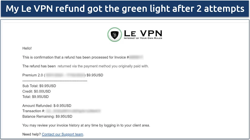 A screenshot showing Le VPN's commitment to its advertised refund policy