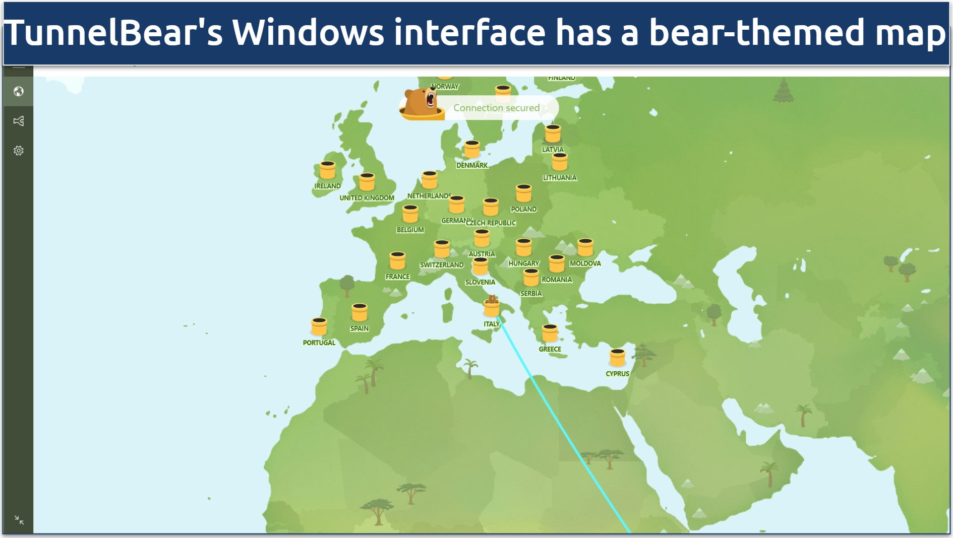 A screenshot showing TunnelBear's Windows app app has a bear-themed map