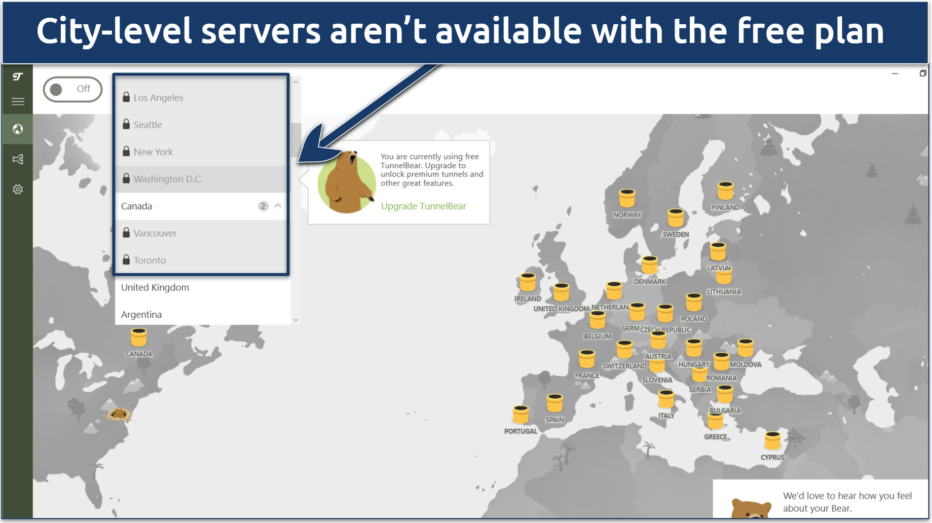 A screenshot showing city-level servers aren't available with TunnelBear's free plan