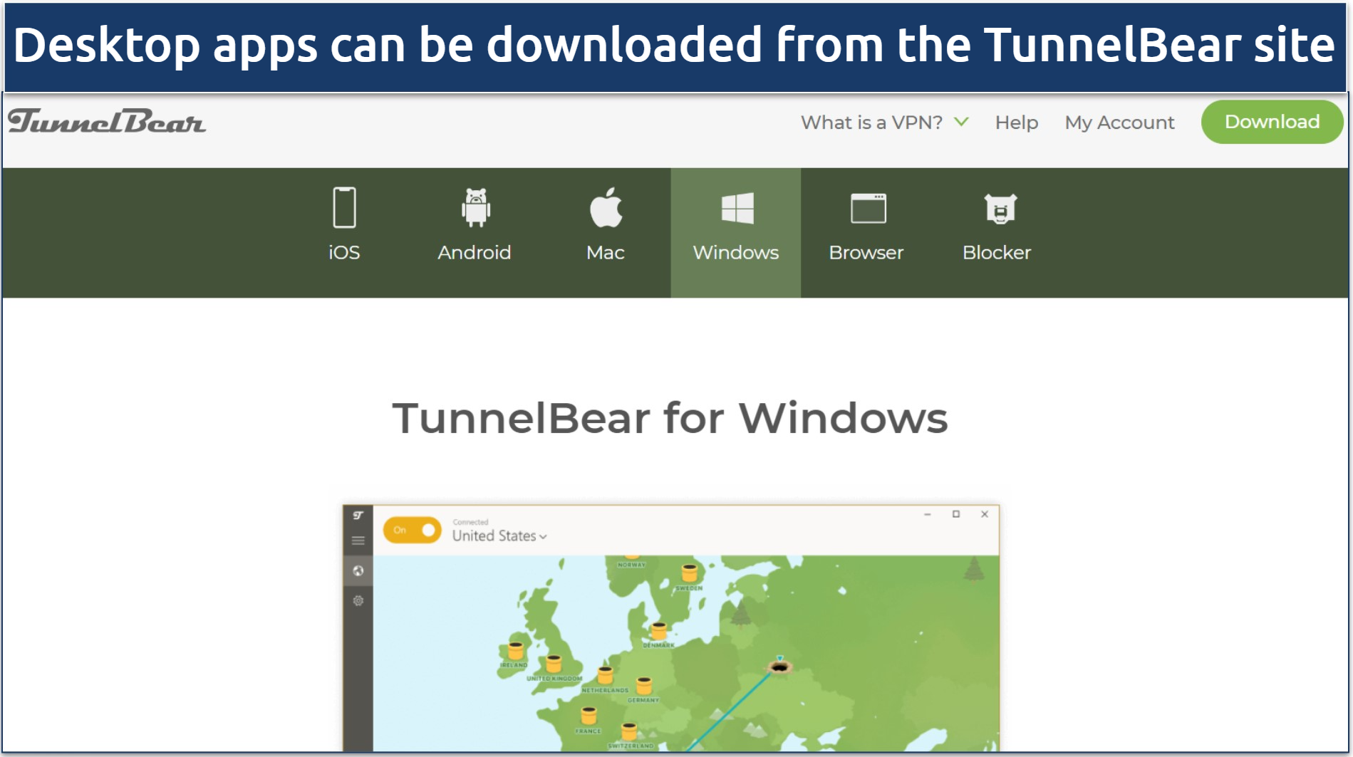 A screenshot showing TunnelBear's download page along with the compatible devices