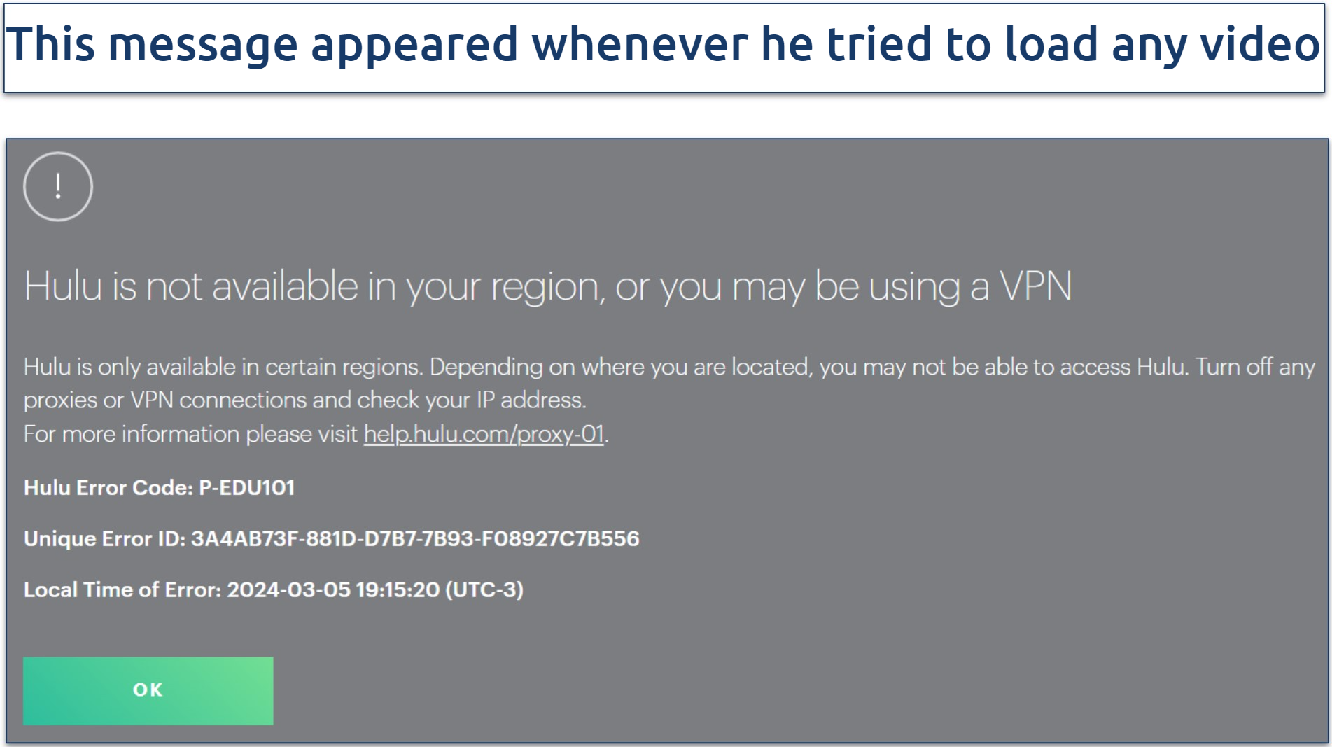 A screenshot showing TunnelBear failed to work with Hulu