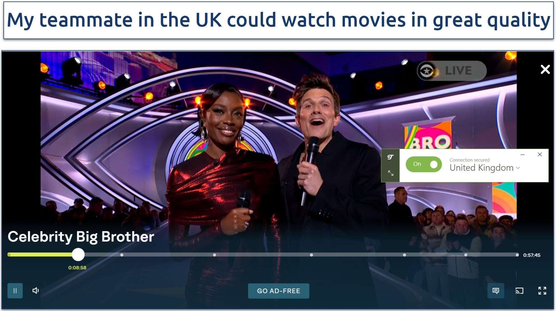 A screenshot of ITV streaming Celebrity Big Brother while connected to TunnelBear's UK server