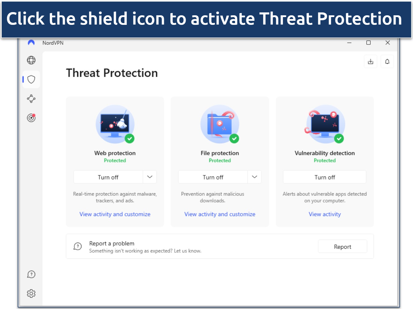 Screenshot of the NordVPN app showing the different safeguards Threat Protection offers