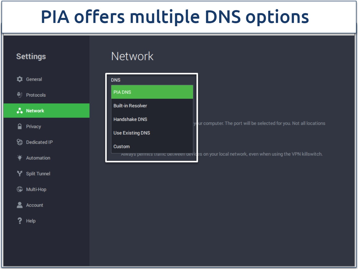 Screenshot of the PIA app showing the available options for handling DNS requests