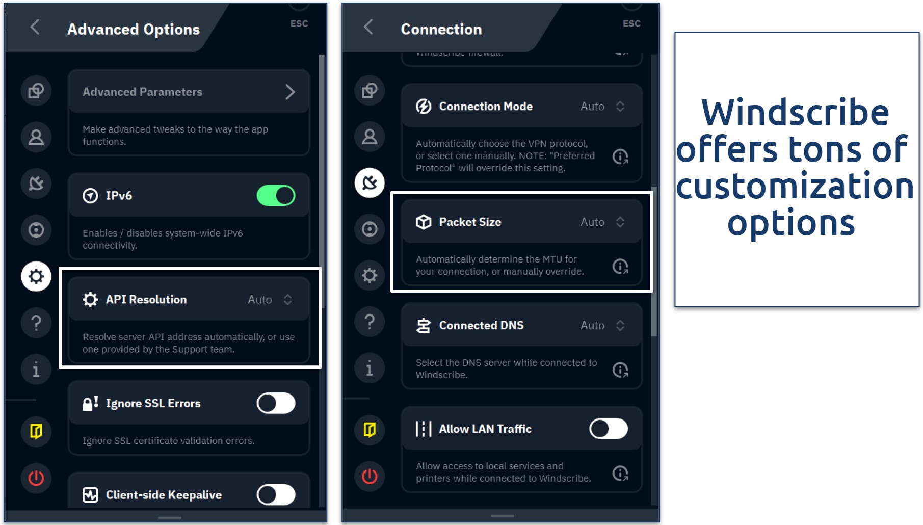 Screenshot of Windscribe's customization options on its Windows app
