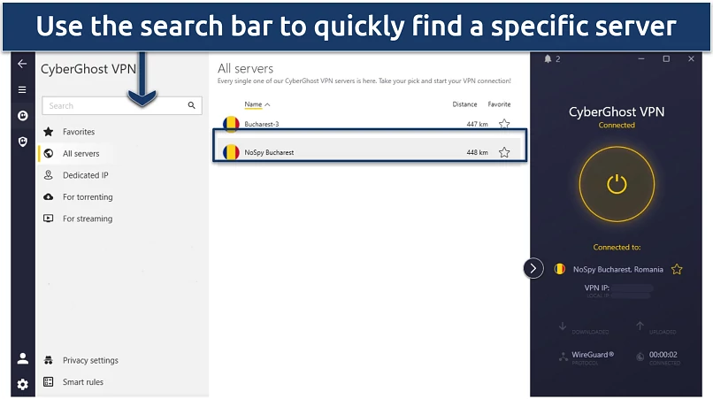 Screenshot of CyberGhost's interface, with VPN connected to a Romanian NoSpy server