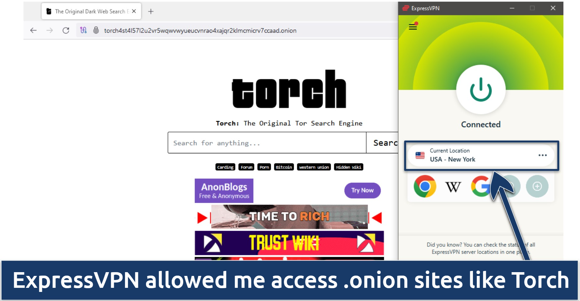 Screenshot of Torch search engine on Tor, with ExpressVPN connected to New York