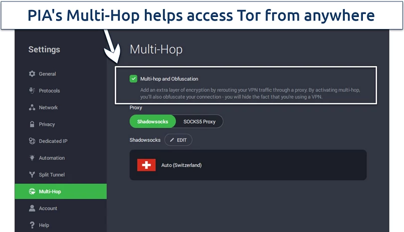 Screenshot of PIA's settings, showing Multi-Hop and Obfuscation