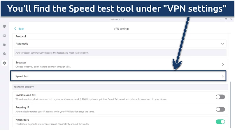 Screenshot of Surfshark's settings, showing the speed test tool