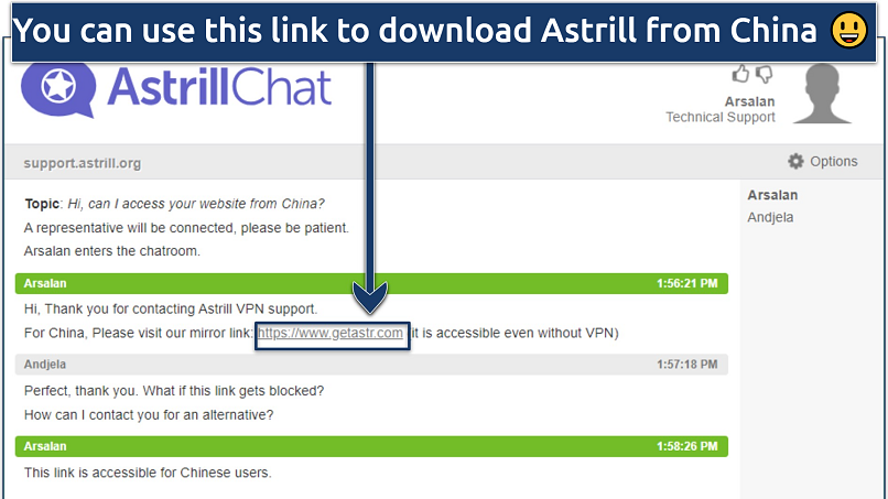 Screenshot showing Astill VPN live chat window with information about mirror links for China