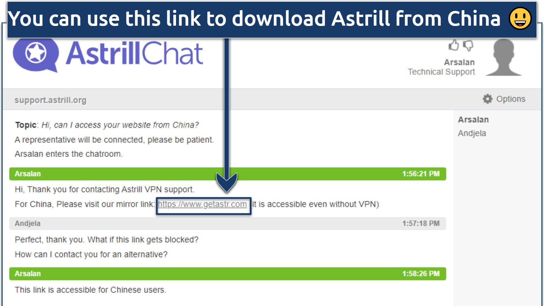 Screenshot showing Astill VPN live chat window with information about mirror links for China