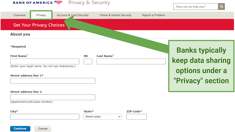 Screenshot of Bank of America's data sharing opt-out form