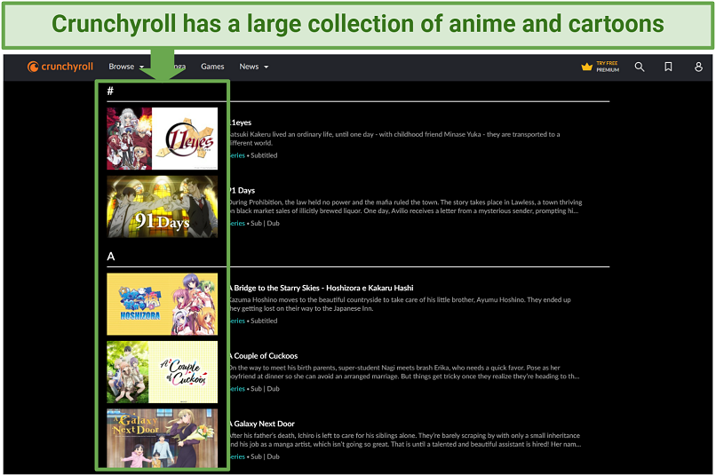 Screenshot of the Crunchyroll site