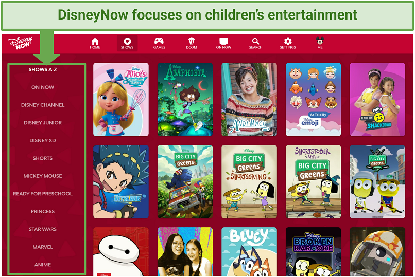 Screenshot of the DisneyNow site