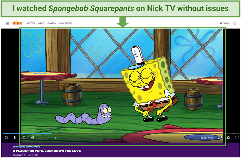 Screenshot of streaming Spongebob Squarepants on Nick TV