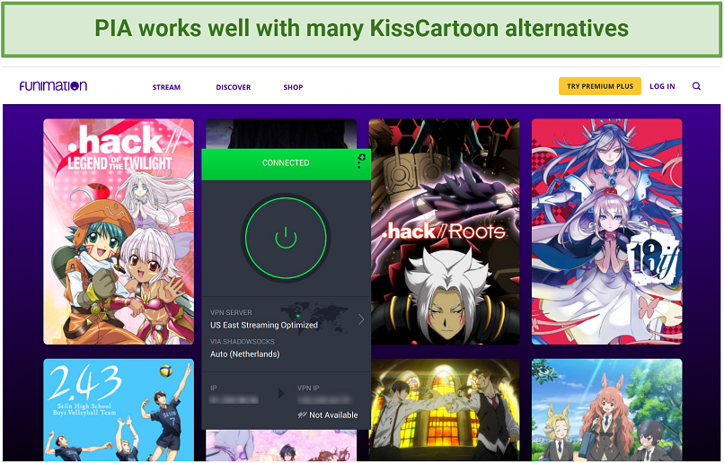 A screenshot of PIA working with the Funimation site
