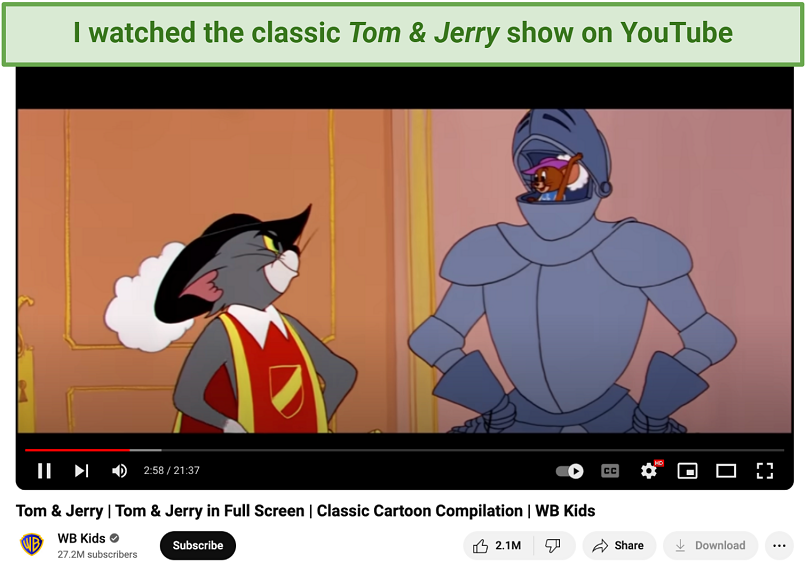 Screenshot of streaming Tom & Jerry on the WB Kids YouTube channel