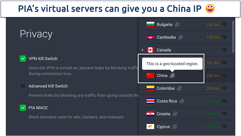Screenshot of PIA’s privacy settings and virtual servers in the app