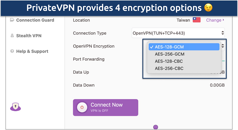 Screenshot of PrivateVPN’s customizable security settings