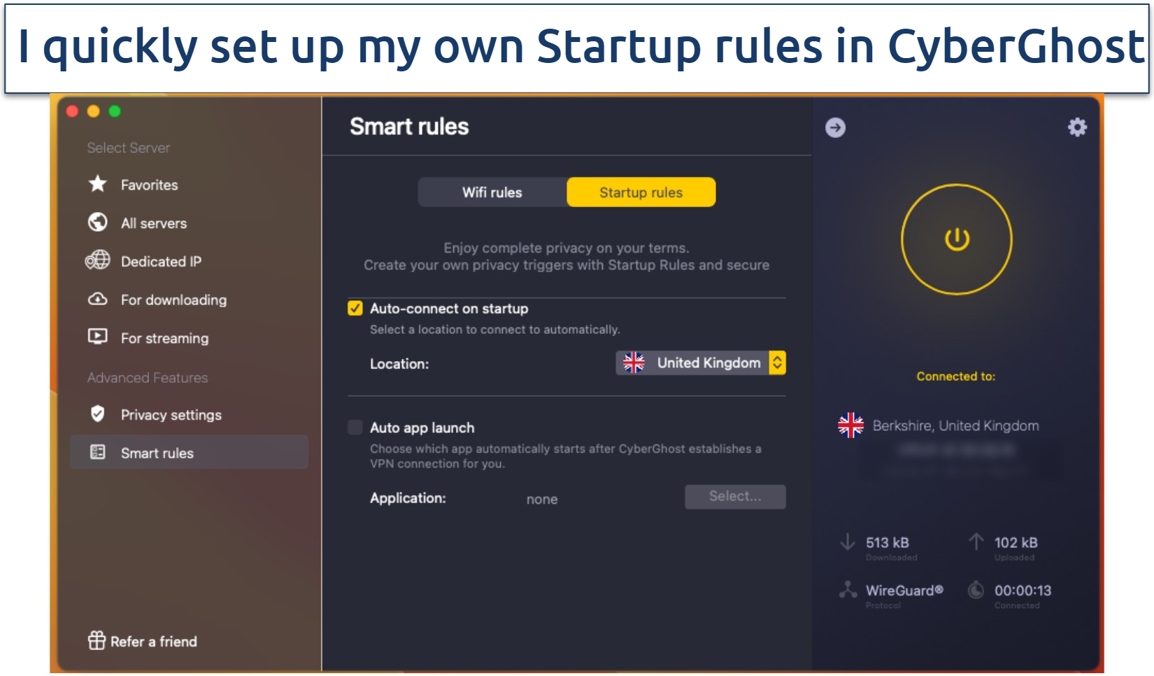 Screenshot of the CyberGhost's Smart Rules in the settings