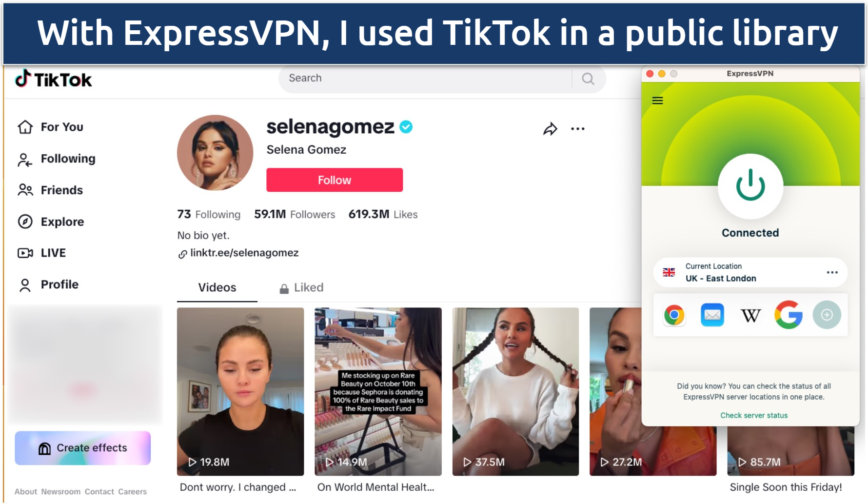 Screenshot of the TikTok app working with ExpressVPN on a restricted network