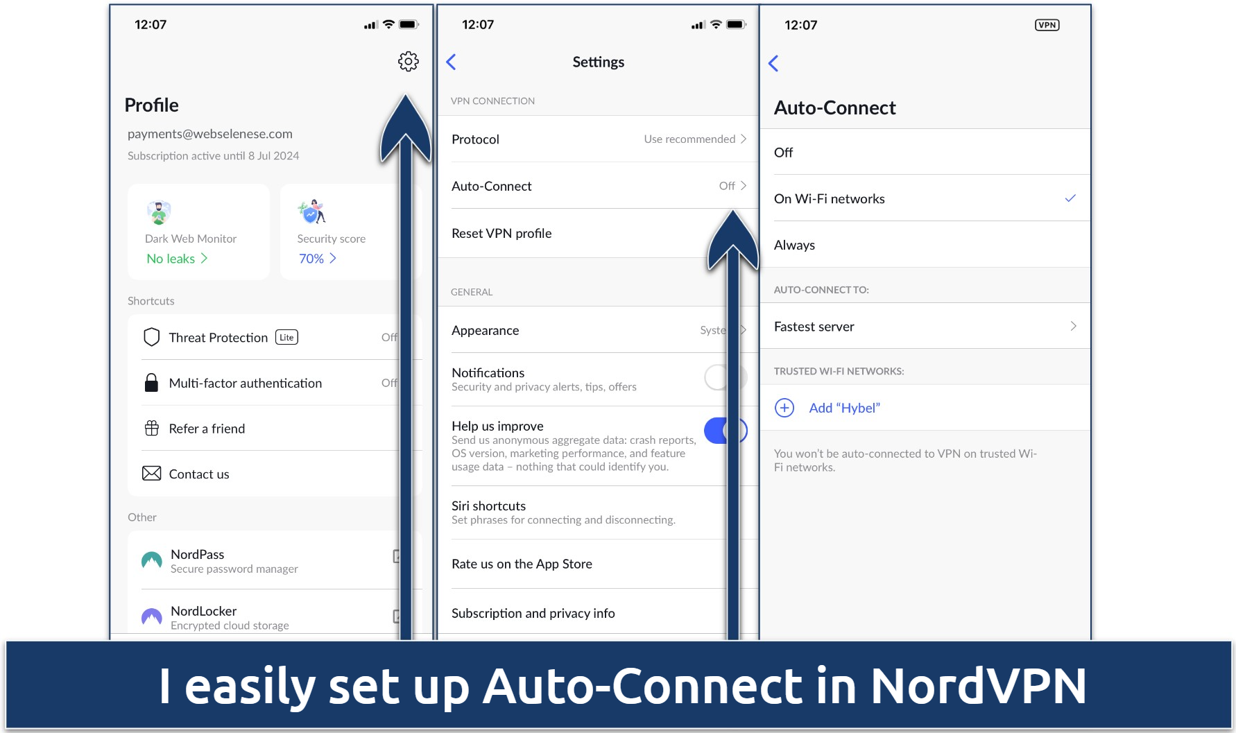 Screenshot of NordVPN's Auto-Connect feature in app's settings
