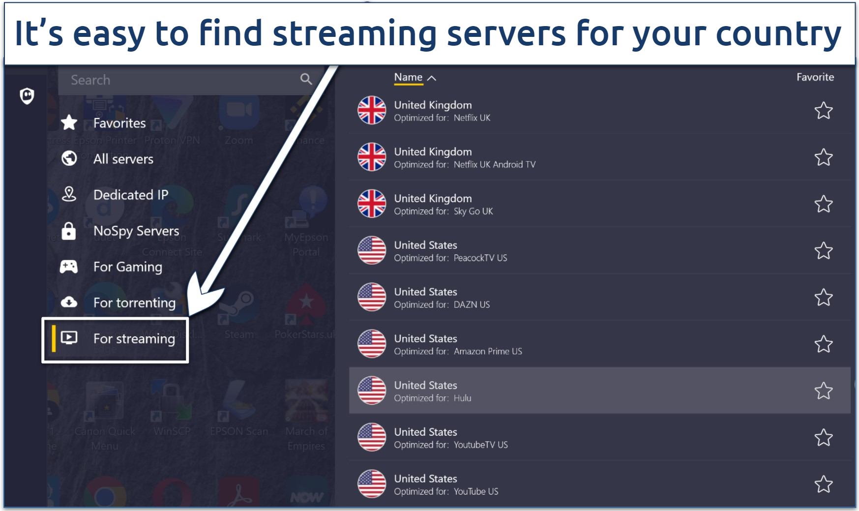 Screenshot of CyberGhost's streaming servers