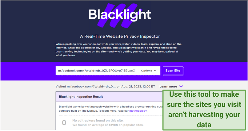 Screenshot of the Blacklight privacy inspector