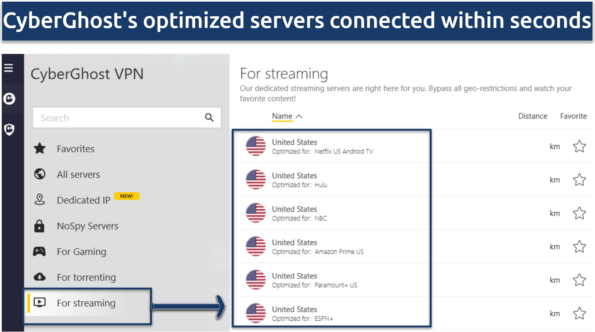 A screenshot showing CyberGhost offers specialized servers for streaming