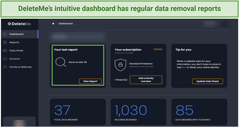 Screenshot of DeleteMe homepage with dashboard