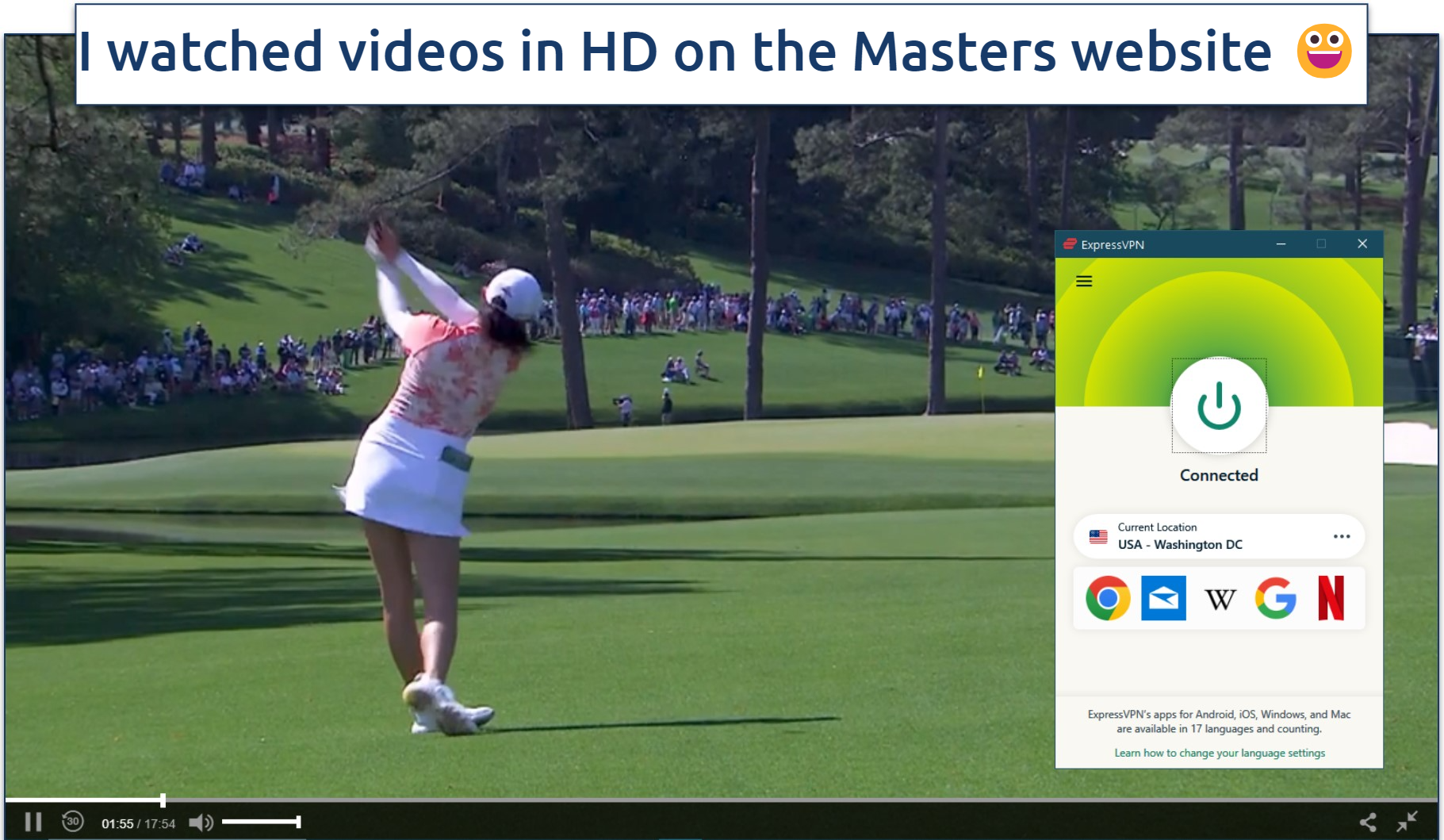 Screenshot showing a video on the Masters Golf Tournament website with ExpressVPN connected to Washington
