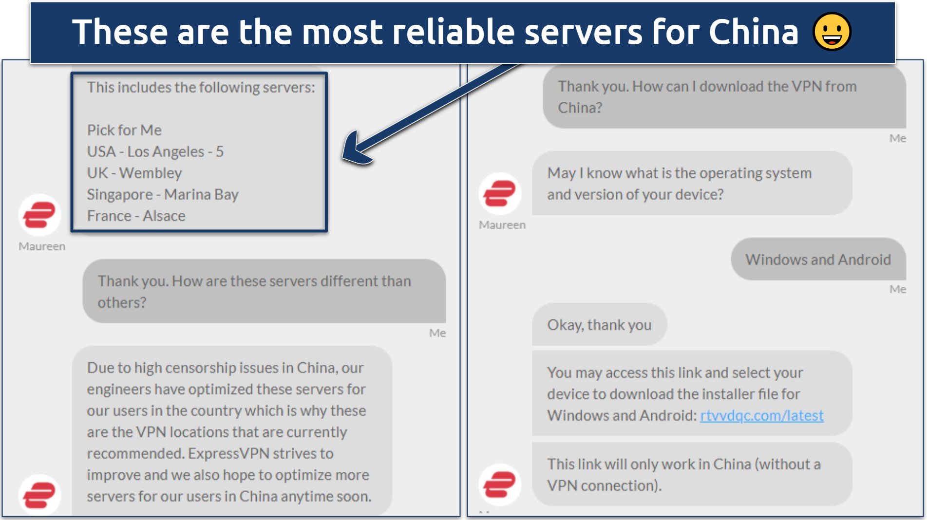 Screenshot showing a conversation with ExpressVPN live char support regarding the VPN use in China