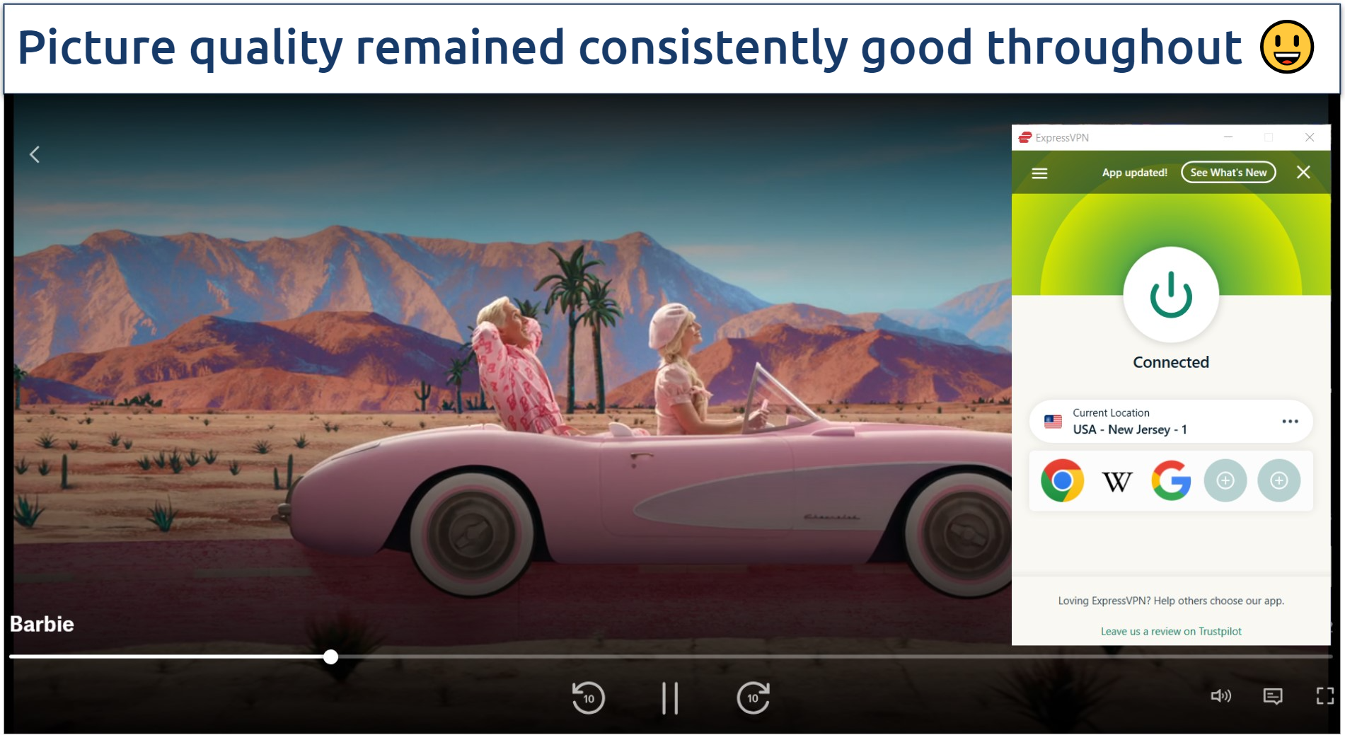 A screenshot of Max streaming Barbie while connected to ExpressVPN's US server