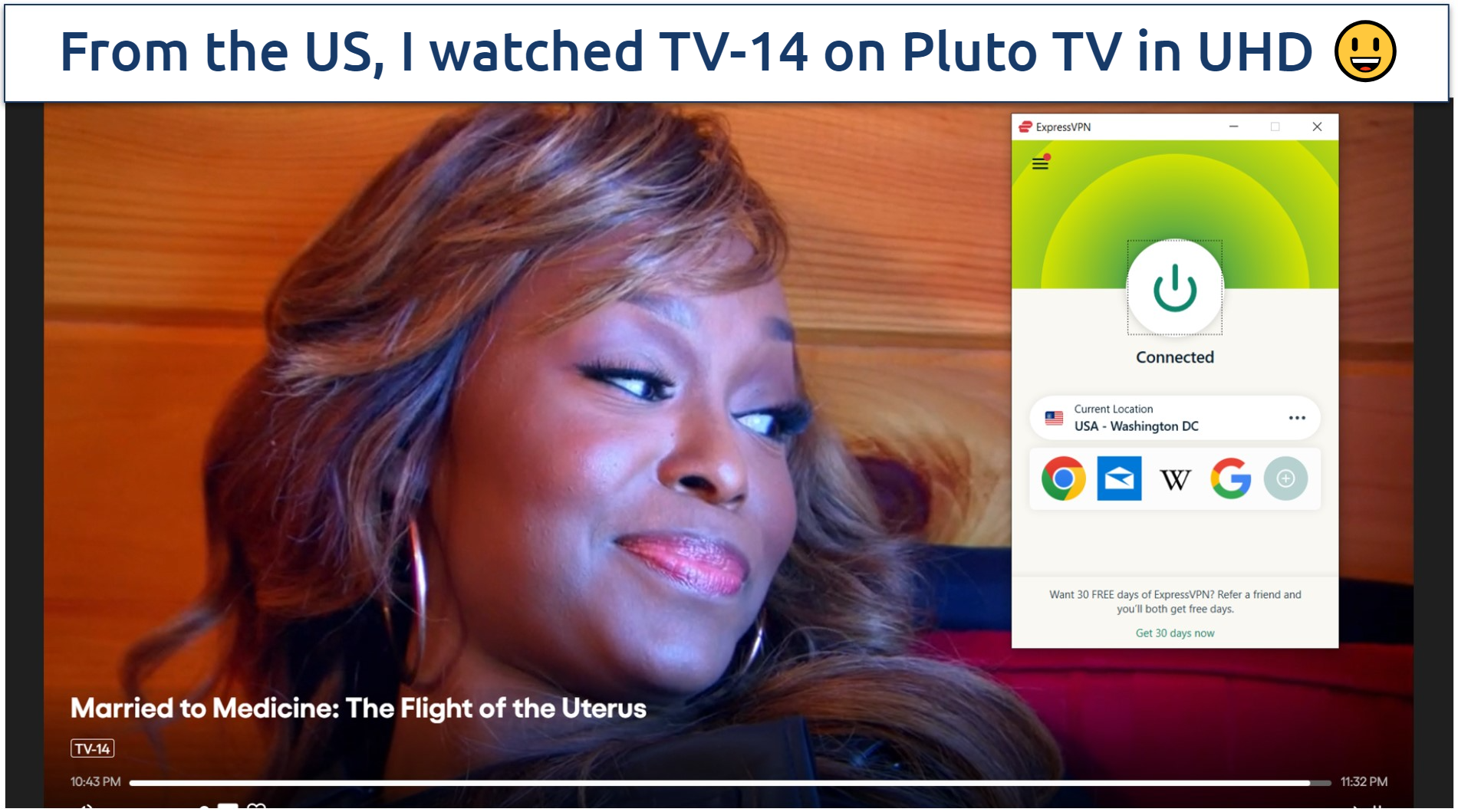 A screenshot of Pluto TV streaming Married to Medicine: The Flight of the Uterus while connected to ExpressVPN's US server