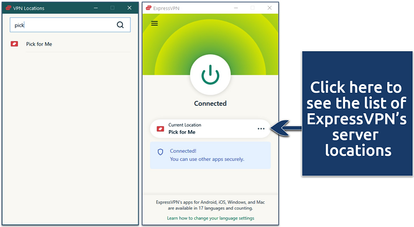 Screenshot of ExpressVPN’s Windows interface showin its Pick for Me server option