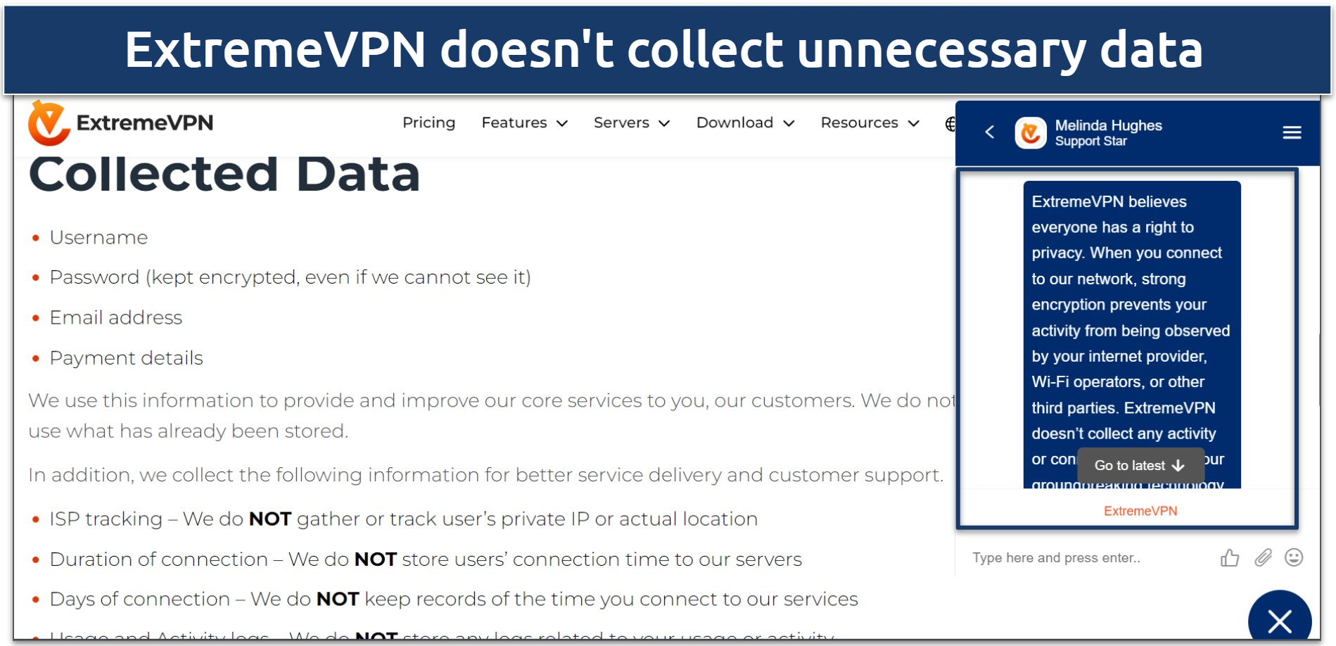 Screenshot of ExtremeVPN's privacy policy showing the data it collects