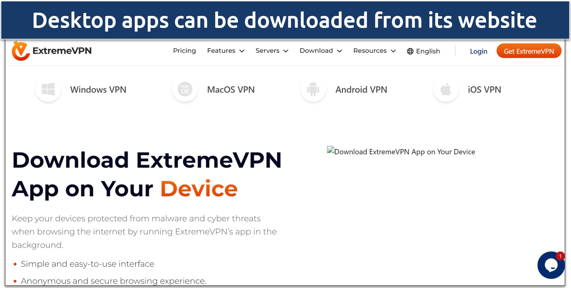 Screenshot of ExtremeVPN's download page
