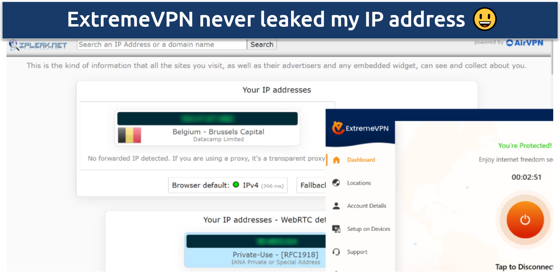 Screenshot of tests done on ipleak.net while connected to a Belgium ExtremeVPN server
