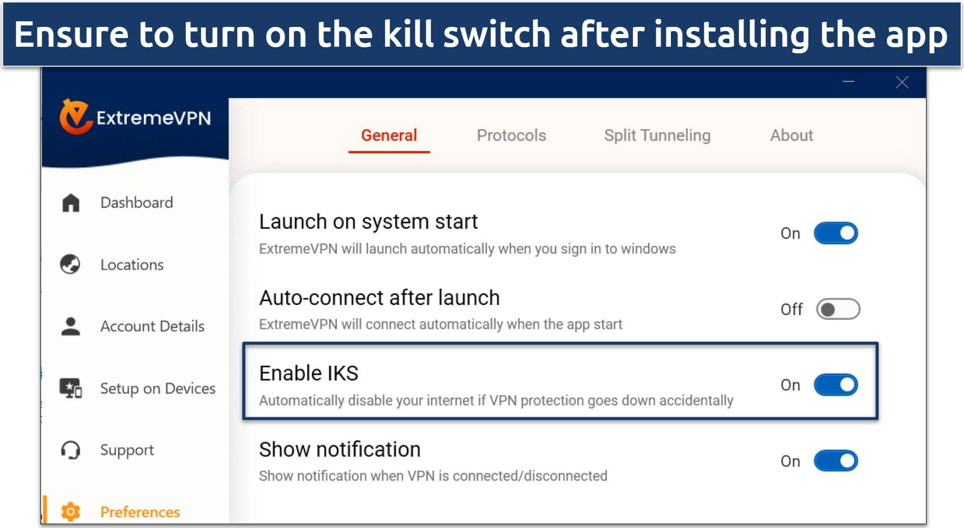 Screenshot of ExtremeVPN's Windows app highlighting the kill switch