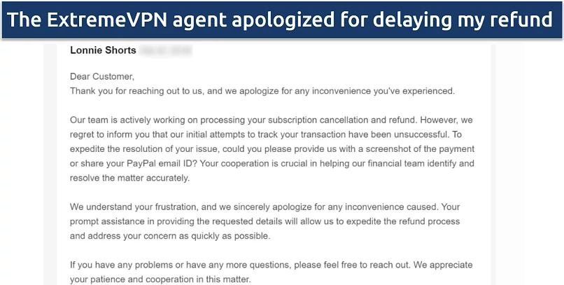 Screenshot of an email response where ExtremeVPN agent requested some additional information to process my refund