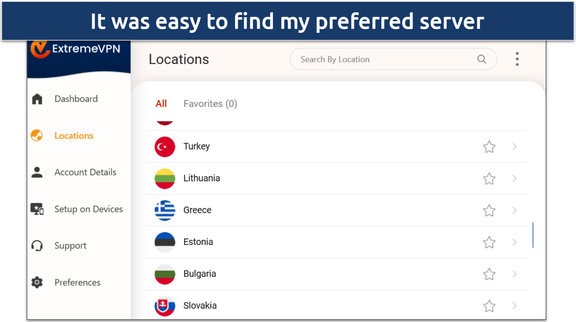 Screenshot of ExtremeVPN's Windows app highlighting the list of servers